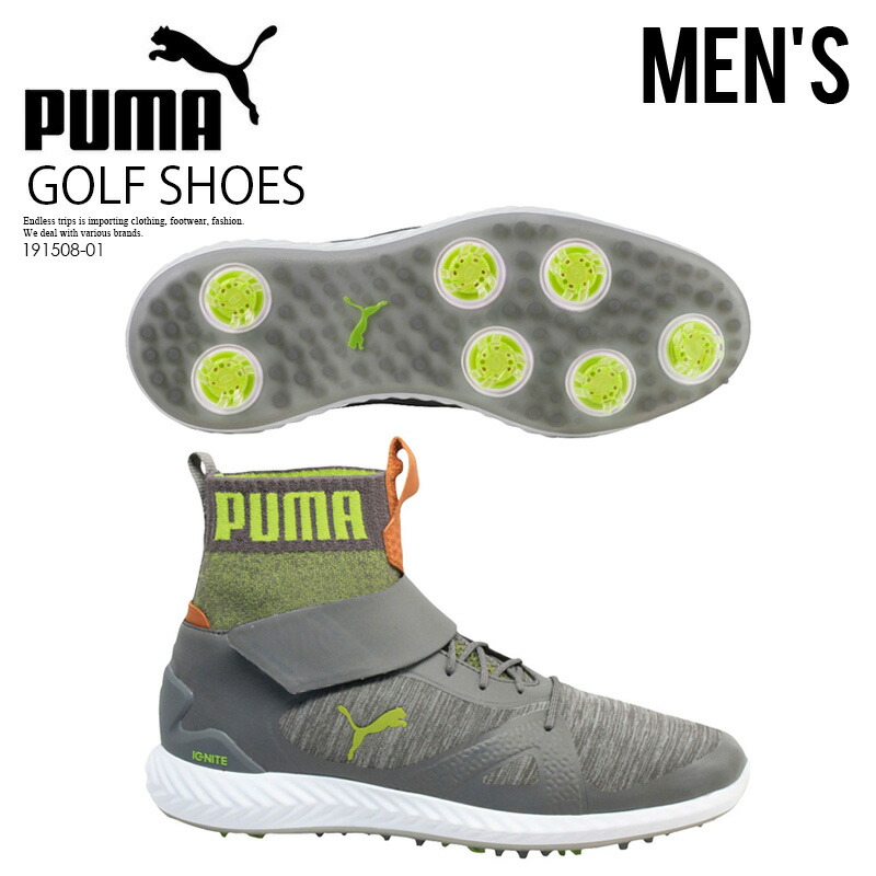 希少 メンズ ゴルフシューズ ゴルフ Hi Top Puma プーマ Ignite Pwradapt メンズ Hi Top Limited Edition イグナイト パワーアダプト ハイトップ リミテッド エディション ゴルフシューズ スパイク メンズ Quiet Shade Acid Lime グレー ライム 01 Endless