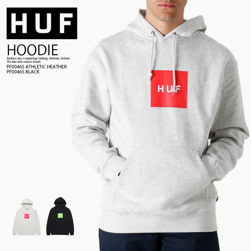 【滅多に無い!!大人気! ユニ一発やる】 HUF (ハフ) MEN\u0027S ESSENTIALS BOX LOGO HOODIE (メンズ エッセンシャルズ ボックス席ロゴタイプ フーディー) パーカー トップス 長袖 裏起毛 ロゴタイプ PF00465 ATHLETIC HEATHER (へザー) 薄墨色 PF00465 BLACK (黒いこと) エンドレストリップ dpd