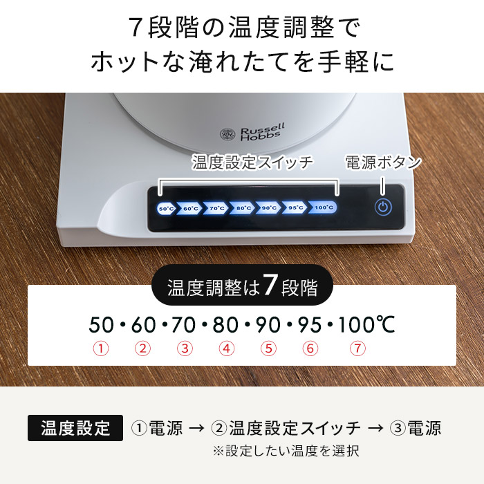 温度調整機能付きの電気ケトル コーヒー 紅茶 煎茶 赤ちゃんの粉ミルク 白湯まで最適な美味しい温度で快適に楽しむことができます Hobbs ラッセルホブス 7106jp 電気ケトル ドリップケトル コーヒー ケトル 保温 ギフト ブラック おしゃれ 温度調整 T スマート