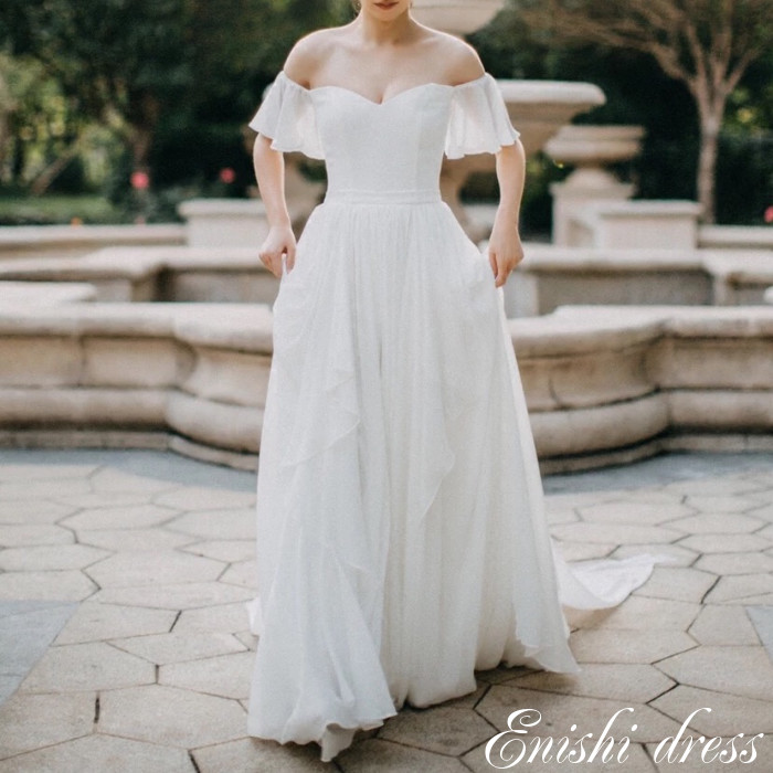 楽天市場 ウェディングドレス シフォン スレンダーライン オフホワイト ワンショルダー ふわふわ 軽い シンプル 結婚式 披露宴 二次会 前撮り パーティー かわいい エレガント 豪華 ハンドメイド サイズオーダー 縁 ドレス