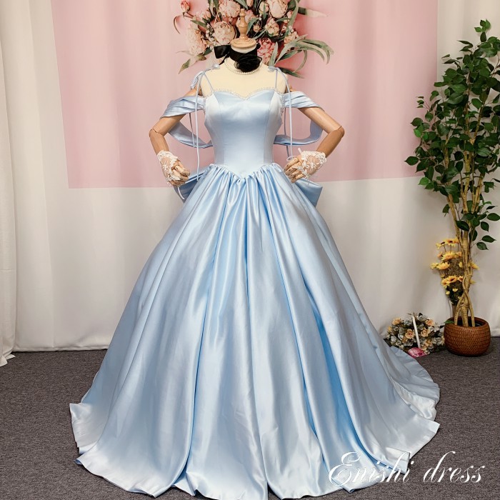 ウェディングドレス 豪華 カラードレス サテン かわいい ブルー パーティー オフショルダー バックリボン 肩紐 二次会 花嫁 ドレス 前撮り 後撮り フォトウェディング 結婚式 披露宴 パーティー かわいい エレガント 豪華 色変更 サイズオーダー オーダーメイド無料 縁