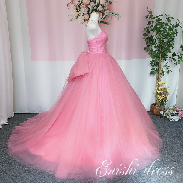 ウェディングドレス カラードレス バックリボン ソフトチュール ピンク
