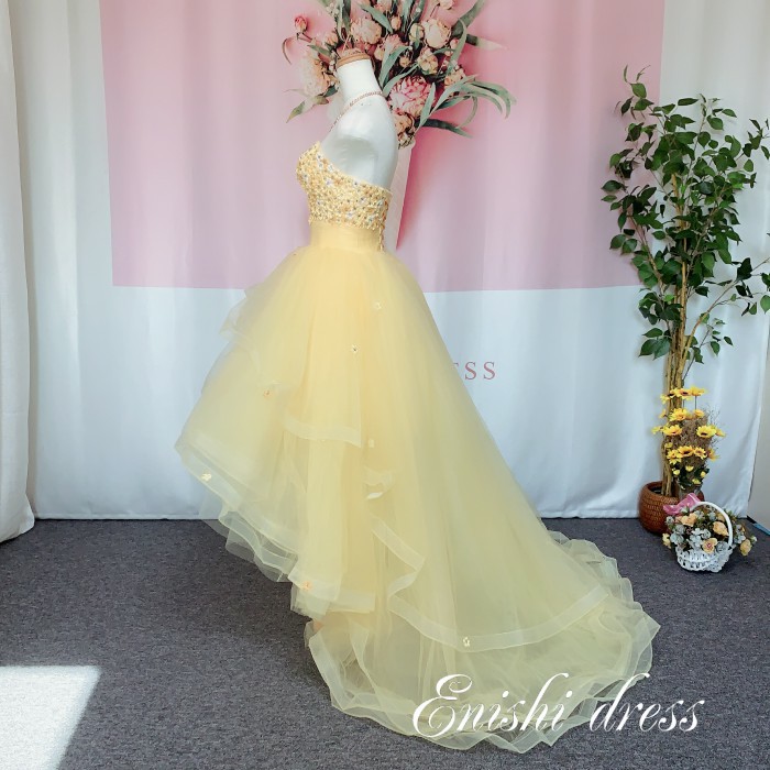 カラードレス 豪華 結婚式 ウェディングドレス レース ウエディングドレス かわいい パーティー 披露宴 プリンセスライン ソフトチュール エレガント 豪華 ハンドメイド サイズオーダー 花柄 二次会 花嫁 ドレス 前撮り 後撮り ウェディングドレス イエロー カラードレス