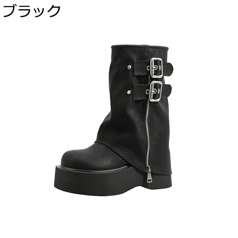 ミドルブーツ レディース 21.5cm 厚底6.5cm レディース シークレット2.5cm 小さいサイズ カバー バックル ジップアップ 秋靴 冬靴 レトロ おしゃれ 防滑 安定感 楽チン 幅広 定番 カジュアル PUレザー｜magnifico18