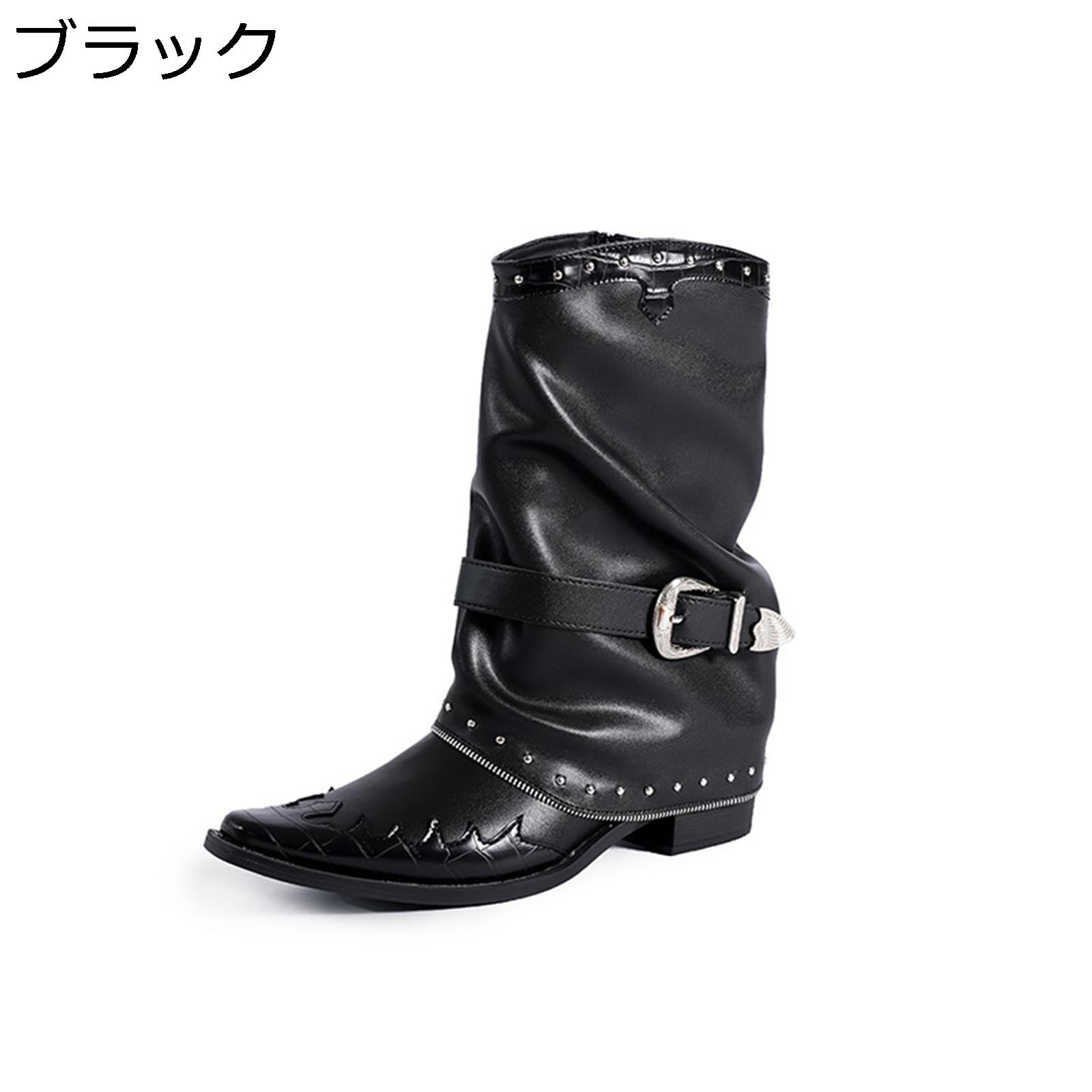 ジョッキーブーツ レディース ミドル丈 袴用ブーツ 短靴 くしゅくしゅ ポインテッドトゥ 4cm 太めヒール レザー 細見え 秋冬 履きやすい おしゃれ 滑り止め 乗馬 バイク用 パーティ ストリート