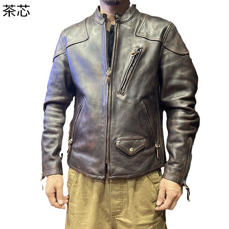 メンズ 本革ジャケット レザー バイクジャケット カジュアル 防寒 防風 牛革コート ブルゾン 秋冬 ジッパー 立ち襟 ヴィンテージ お洒落 アウター サイクリング ワーク 日常