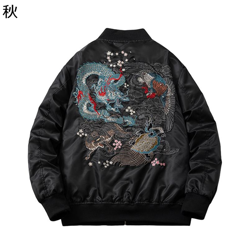 スカジャン MA-1ジャケット メンズ スタジャン 刺繍 龍 鳳凰 虎 防寒着 保温 ジップアップ マウンテンパーカー 長袖 シンプル オーバーサイズ アウター かっこいい カジュアル 通勤 通学 秋冬