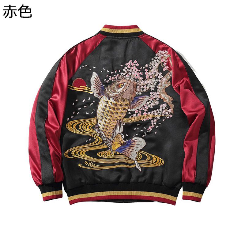 スカジャン メンズ スタジャン 鯉 刺繍 サテン感 フライトジャケット 防風 防寒 ジップアップ マウンテンパーカー 長袖 カジュアル 通勤 通学 シンプル 大人 ゆったり ストリート系 トップス 春秋冬
