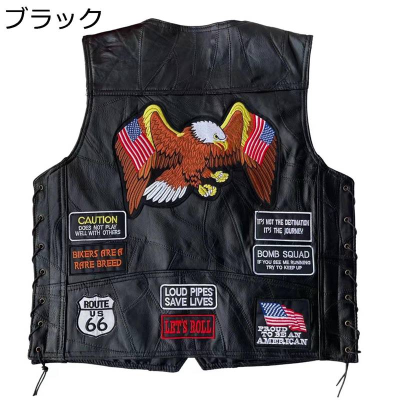 レザーベスト 羊皮 ライダースベスト バイクチョッキ メンズ 鷹 袖なし 防寒 ボタン 革ジャン ワッペン付き ワークジャケット 前開 軽量 防風 おしゃれ ファッション ロック かっこいい 春秋