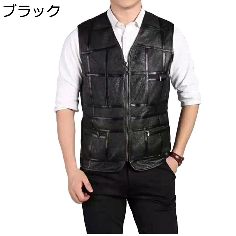 PU革ジャン レザーベスト スーツベスト メンズ 毛皮一体 裏ボア 中高年 ノースリーブ チョッキ ジレ 切り替え vネック ジップ スリム 前開 レザージャケット お洒落 防風 細身 バイク用 アウター｜magnifico18