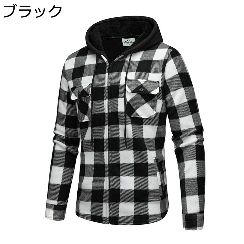 裏ボアジャケット フード付き チェック柄 メンズ 裏起毛ジャケット ジップアップ ショットコート アウター ブルゾン 秋冬 カジュアル シンプル ゆったり 保温暖 かい 防寒 モコモコ アウトドア