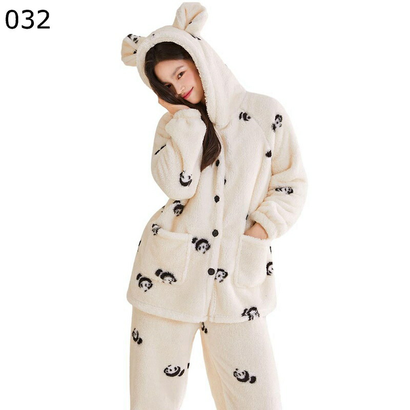 ルームウェア レディース クマ パンダ フード付き かわいい 冬 2 点セット ふわふわ パジャマ 冷え対策 長袖 快適 着痩せ カジュアル 肌触り良い トップ パンツ ギフト 普段着 トラベル