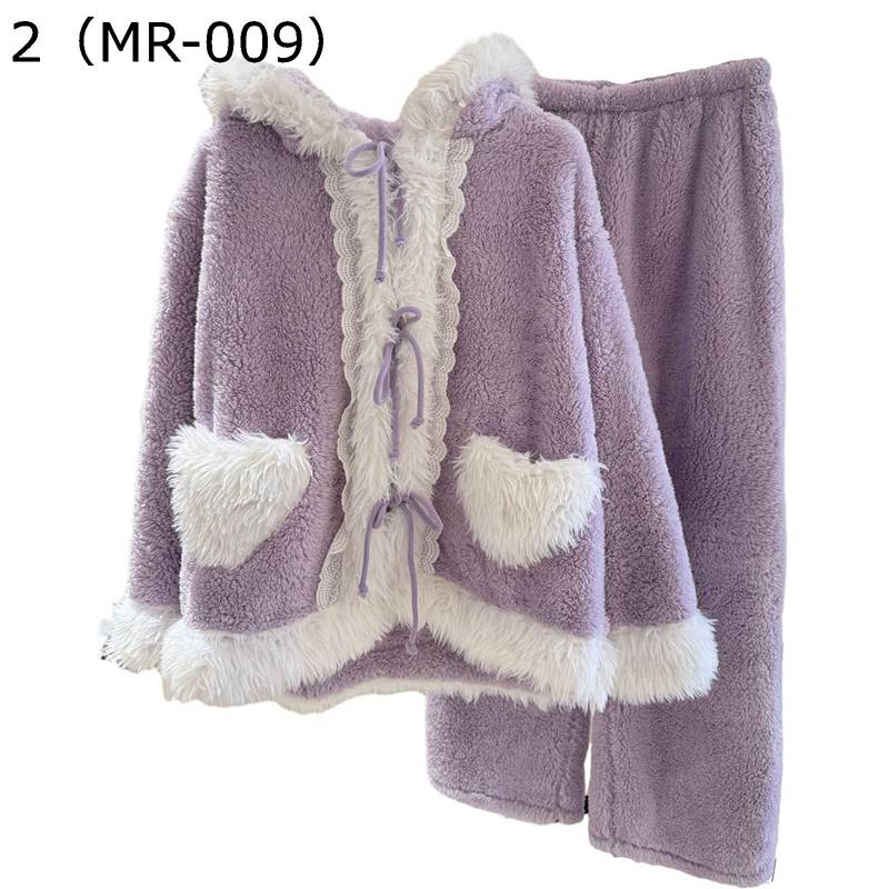ルームウェア レディース 冬 2 点セット パープル かわいい うさ耳 ふわふわ パジャマ 長袖 快適 あったかい 着痩せ カジュアル 肌触り良い トップ + パンツ プレゼント 普段着 誕生日