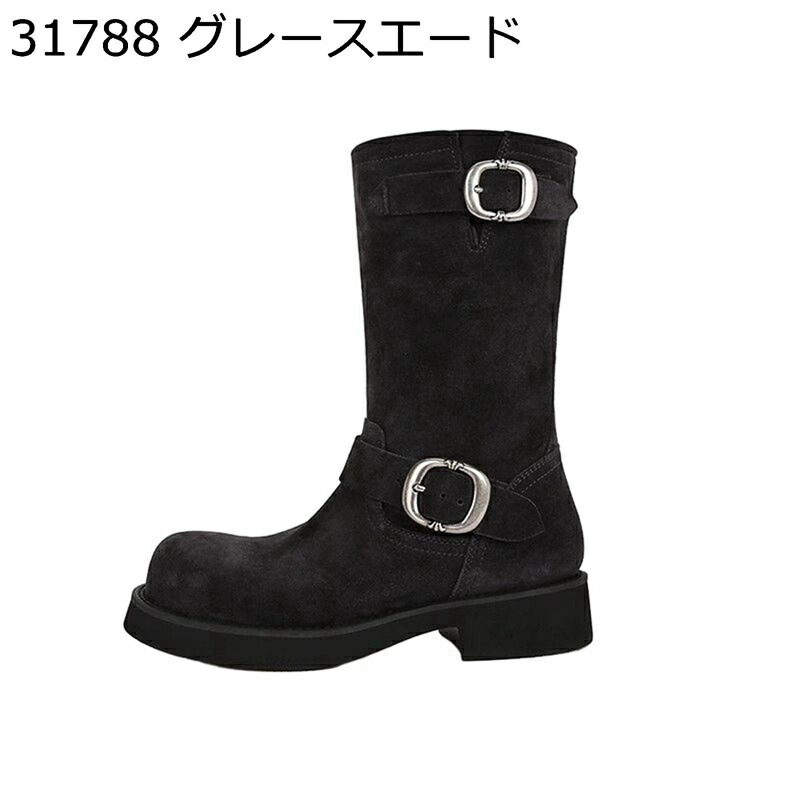 ジョッキーブーツ レディース ミドル丈 ハイカット ダブルベルト 厚底 皮革 痩せ 安定感 秋冬 履きやすい おしゃれ 滑り止め 可愛い ファッション スエード 乗馬 バイク用 パーティ ストリート