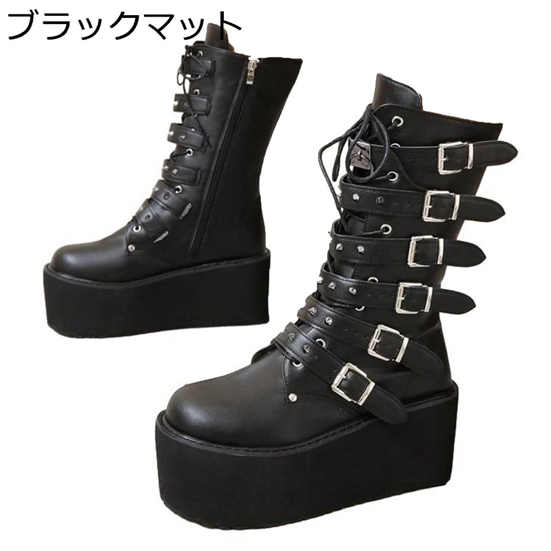 厚底ブーツ レディース ミドルブーツ パンク系 8cmアップ プラットフォーム ハイカット 中筒 レザー サイドジップ 脚長 秋冬 柔らか 滑り止め ストリート 原宿 大きいサイズ イベント カジュアル