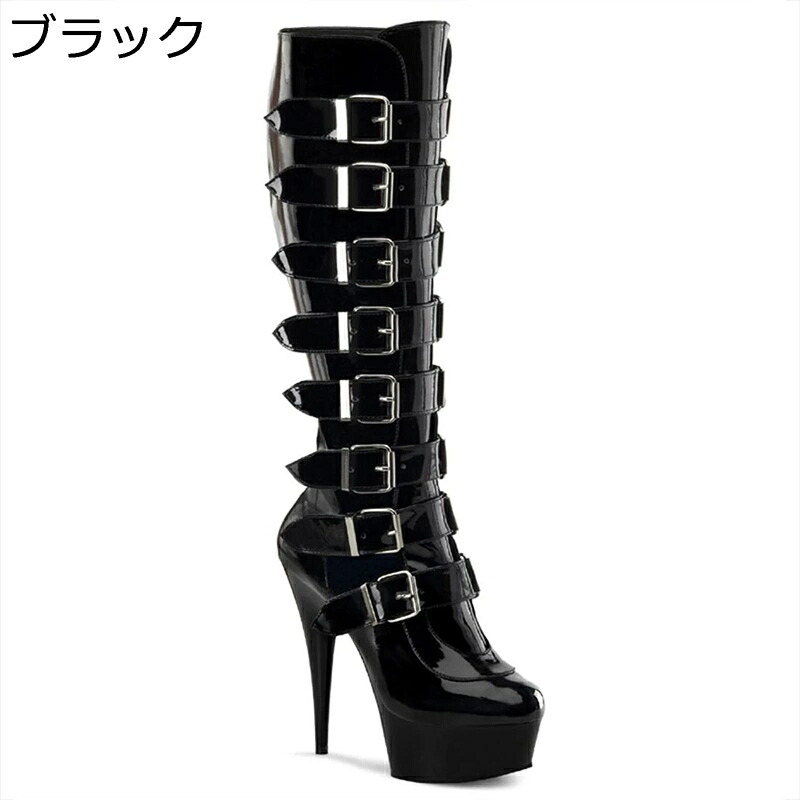 ロングブーツ 15cm ハイヒール 膝高 長靴 レディース 大きいサイズ サイドジップ 多連ベルト エナメル ジョッキーブーツ 細見え おしゃれ 韓国 アメカジ 秋冬 ソフト 防滑 通勤 コスプレ デート|magnifico18