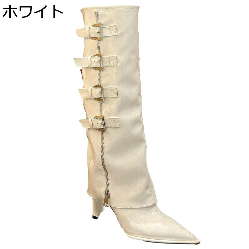 ジョッキーブーツ 高筒 ロングブーツ レディース 秋冬 ポインテッドトゥ 8cm ピンヒール 多連ベルト エナメル 美脚 脚長 ゆったり 滑り止め 軽量 セクシー 大人 袴用 コスプレ 渋谷 原宿 長靴