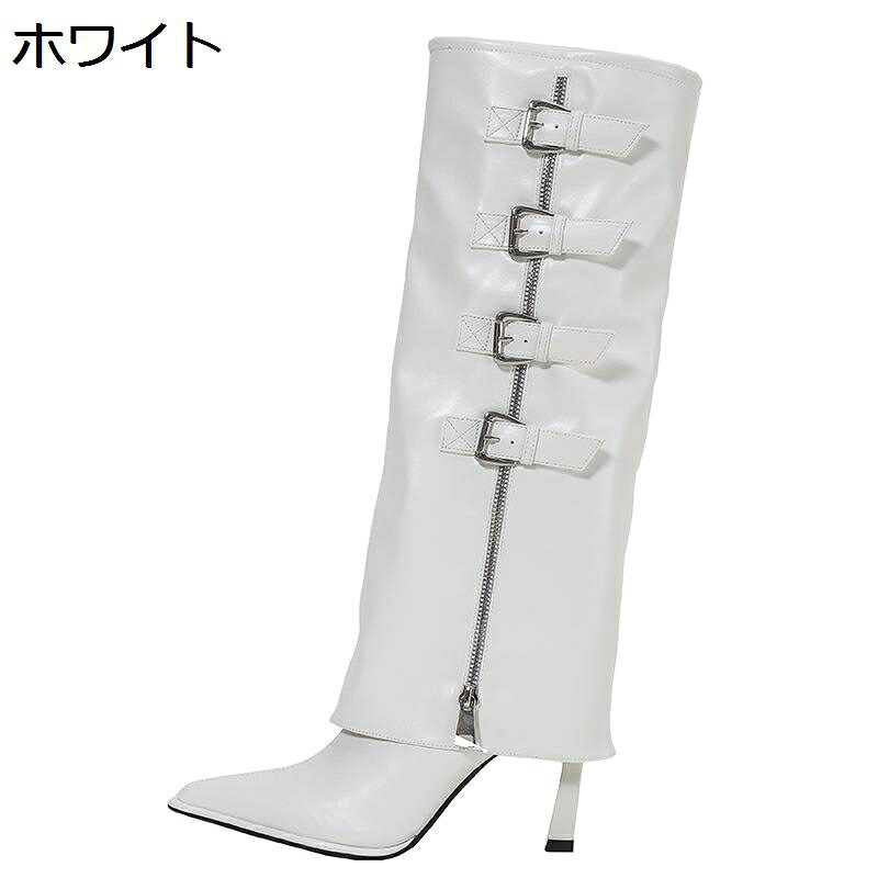 ジョッキーブーツ 膝丈 ロングブーツ レディース 8.5cm ピンヒール ポインテッドトゥ 多連ベルト 秋冬春 足細 セクシー ゆったり 滑り止め 脱げない 韓国 袴用 パンク ハロウィン 旅行 長靴