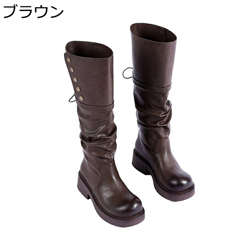 ジョッキーブーツ 膝上 ロングブーツ レディース 秋冬 厚底 5cmアップ 折り返し くしゅくしゅ シンプル 美脚 ゆったり 防水 防滑 脱げない クラシック アメカジ 袴用 コスプレ キャラ 長靴