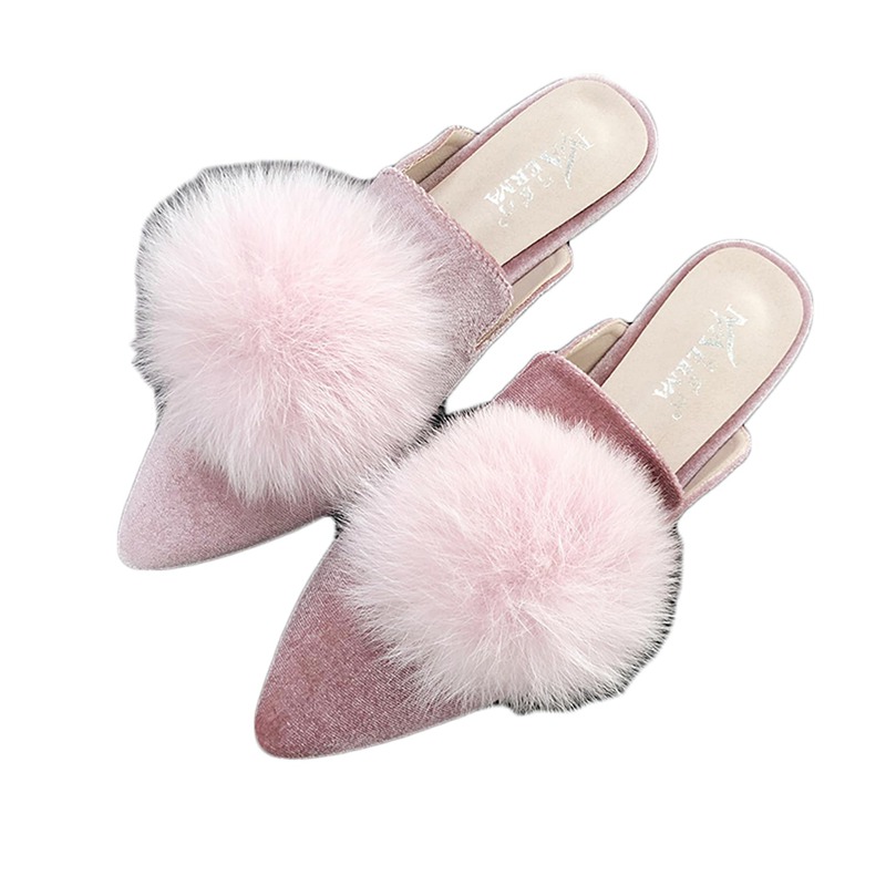 ファー ポインテッドトゥミュール パンプス フラットシューズ とんがり Pink ピンク 桜色 かわいい 可愛い タッセル レディース パンプス ぺたんこ ファー スリッパ 靴 女性用 冬秋春 痛くな