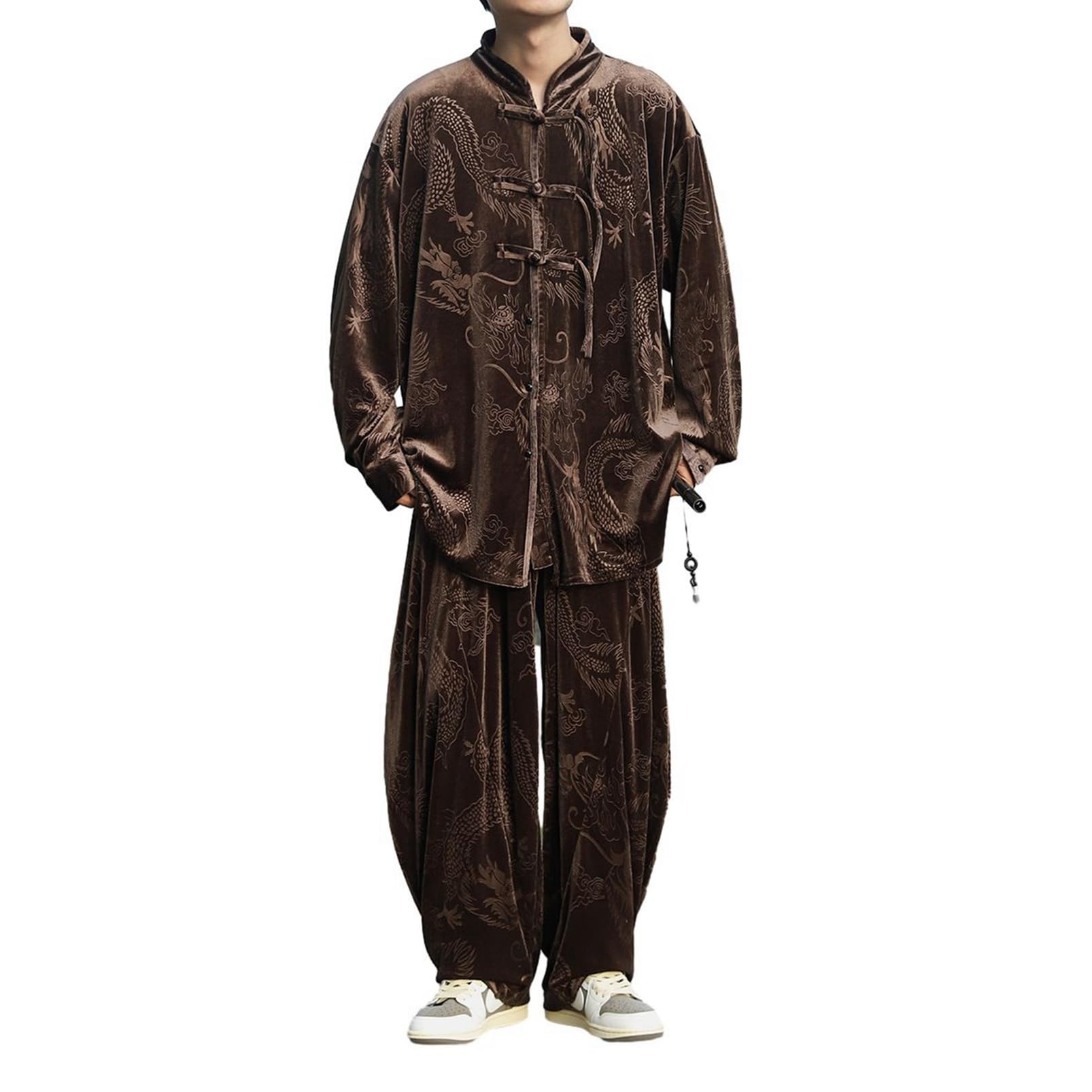 チャイナ服 ジャケット セットアップ メンズ 太極拳服 龍柄 ベロア ワイドパンツ バギー カジュアル 防風防寒 暖かい チャイナボタン 柔らかい 長袖 ゆったり アウター レトロ 唐装 秋冬 上着