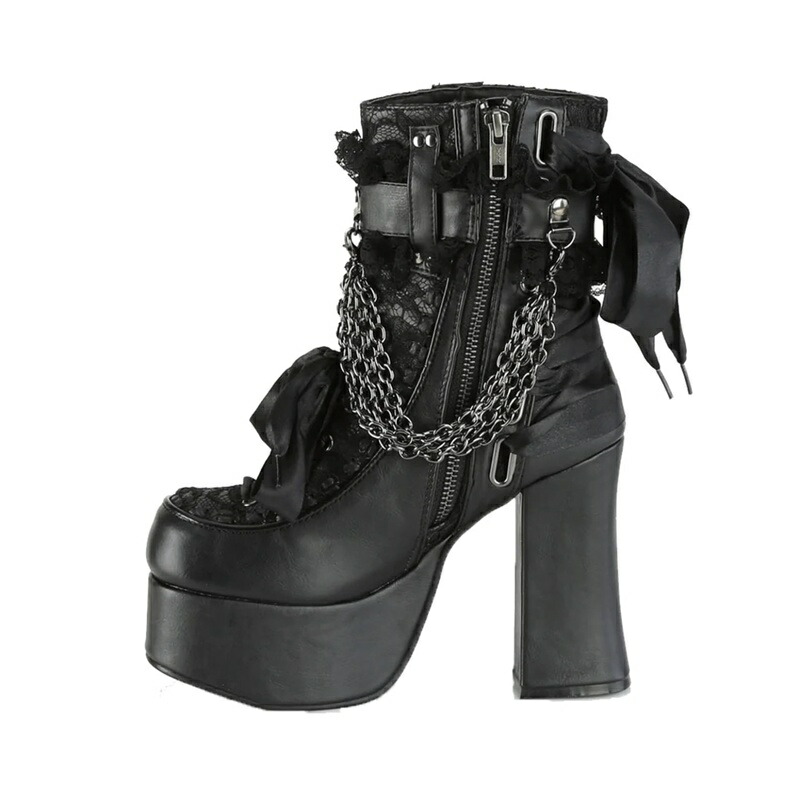 ショートブーツ レディース ハイヒール10cm チェイン付き リボン 暗黒系 吸血鬼 黒赤 レース 宮廷風 原宿風 大きいサイズ サイドジッパー 秋冬 パンク系 ゴシック ゴスロリ コスプレ 女装 仮画像