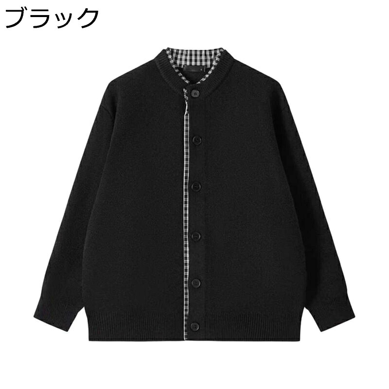 レイヤード カーディガン メンズ M-4XL ニット 長袖 クルーネック 重ね着風 ボタン付き 切り替え アウター ジャケット 前開き 春秋冬 ソフトタッチ 体型カバー 着心地 お洒落 ストリート系 上着 スクール 日常着用