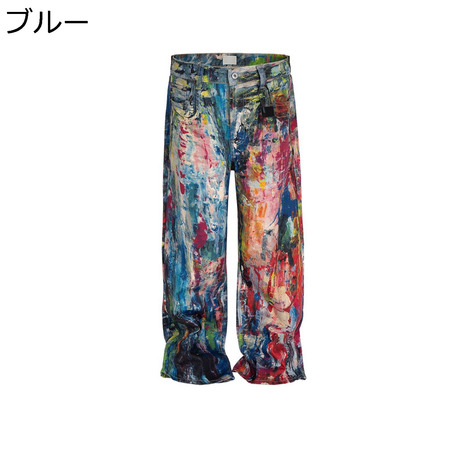 サブカル系 広々とした ロングズボン下 ジーンズズボン下 メンズ 油画柄 落書き デニム シューとり捨てる 脚長 ボトムス 心地好い ビッグ影ぼうし かっこいい 春夏秋 ひな型感性 張りさける 脚長 原宿風