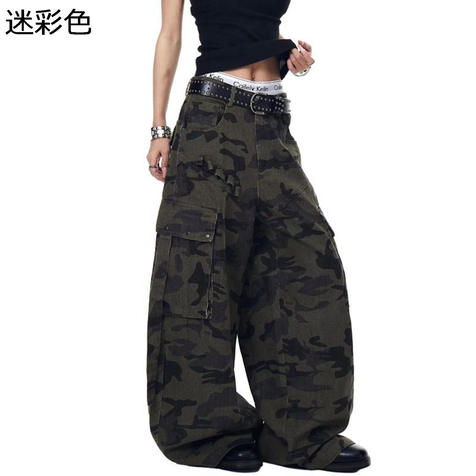 ワイドパンツ ロング デニムパンツ メンズ 迷彩柄 カーゴ Gパン ブーツカット 脚長 長ズボン カジュアル サブカル系 ビッグシルエット 立体裁断 厚手 おしゃれ 春夏秋 ヴィンテージ ハイストリート