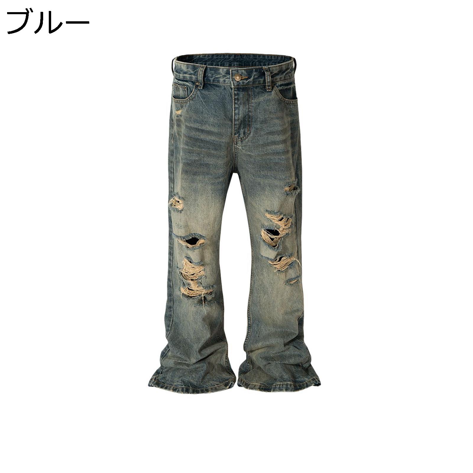 ジーンズ ストレートパンツ ロング メンズ デニムパンツ ダメージ加工 ブーツカット 脚長 Gパン 大人 長ズボン ルーズ 立体裁断 ファッション おしゃれ ヒップホップ 春夏秋 街着 復刻 ストリート系