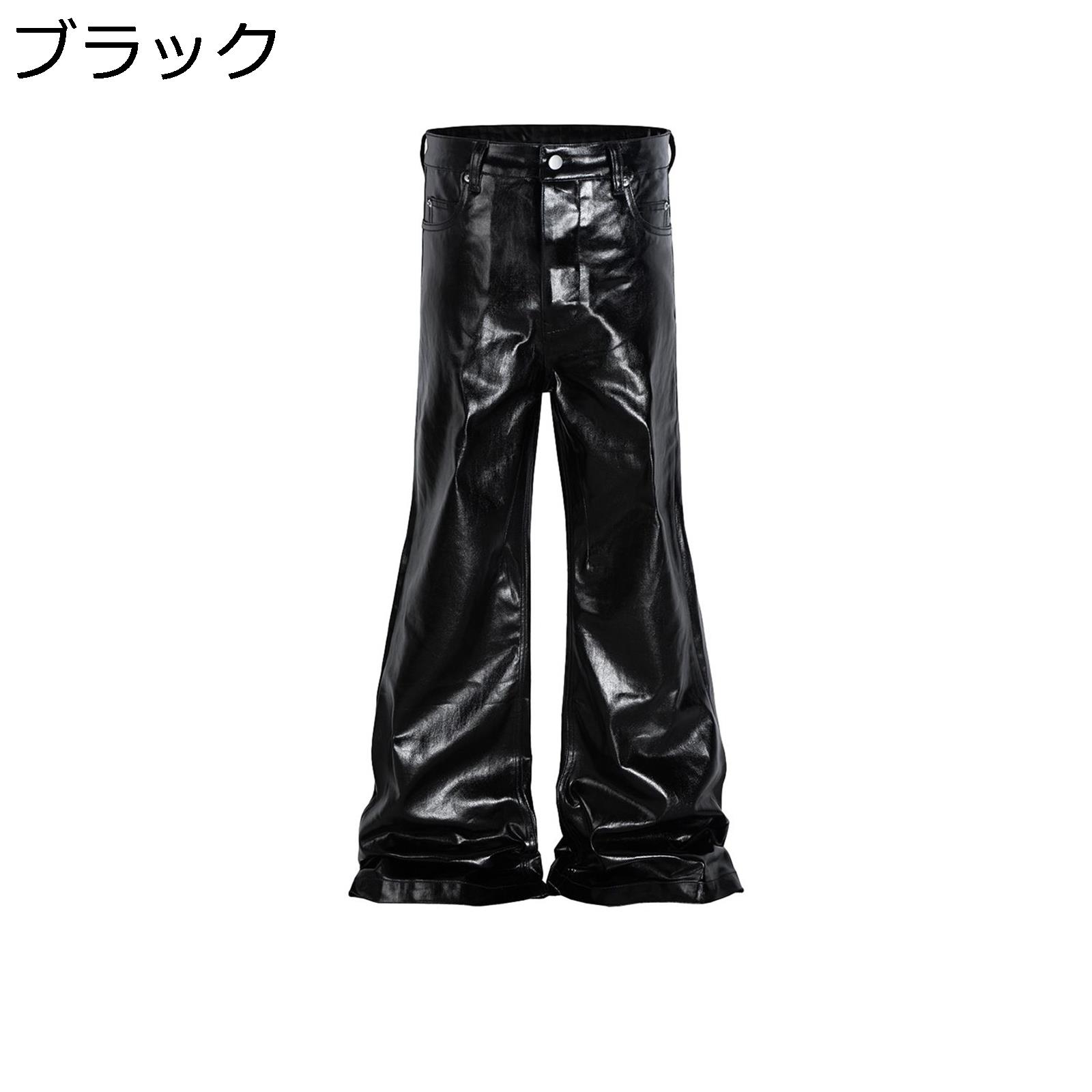 デニムパンツ ワイド ロングパンツ メンズ 春夏秋 シューカット フレア裾 エナメル ジーンズ 長ズボン 光沢感 大きいサイズ ルーズ モード系 デザインセンス ストリート系 カッコイイ バイク