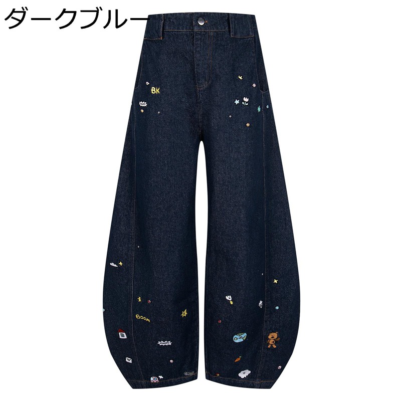 ワイドパンツ デニムパンツ メンズ ジーパン 刺繍 熊 シューカット 脚長 長ズボン カジュアル マチェーテパンツ ルーズ レギュラー 立体裁断 お洒落 オリジナル 春夏秋 街着 B系 ヴィンテージ