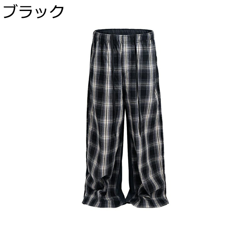 サブカル系 ワイド ロングパンツ デニムパンツ メンズ チェック柄 バイカラー ゴムひも Gパン ブーツカット 脚長 ボトムス ストレート ゆったり ベーシック 春夏秋 美脚 ヴィンテージ ハイストリート|magnifico18