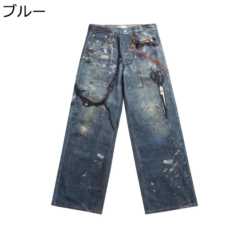 デニムパンツ 3d柄 ワイドパンツ ロング メンズ 春夏秋 ハサミ柄 シューカット Gパン ボトムス 大きいサイズ ゆったり モード系 デザインセンス お洒落 オリジナル バイク リペア加工 男性