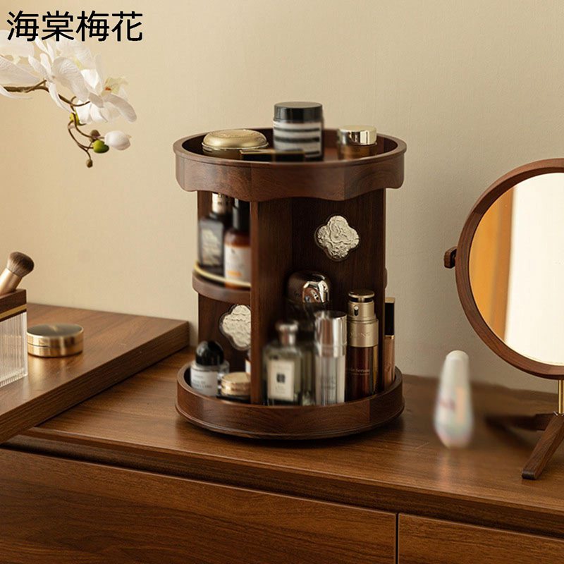 回転式 木製 コスメ収納ボックス 円形 卓上化粧品・香水・口紅整理ラック 自立式 レトロ風 化粧台・デスク収納 クルミケース スキンケア製品 調節可能 ドレッシングテーブル バスルーム 収納ラック|magnifico18