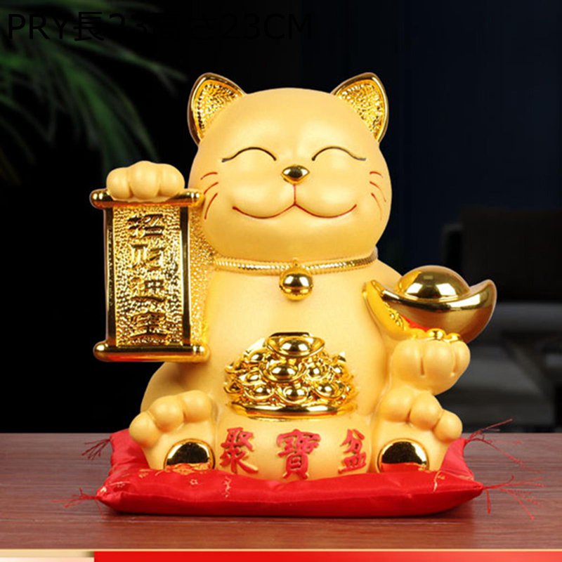 手振り招き猫 置物 座布団付 金色 樹脂製 金運大来福 お店 入口 商売繁盛 開店祝いや開業祝いに レストラン 新築開店 プレゼント 幸?好物 ギフト 厄除け 雰囲気作り 儀式感のある装飾