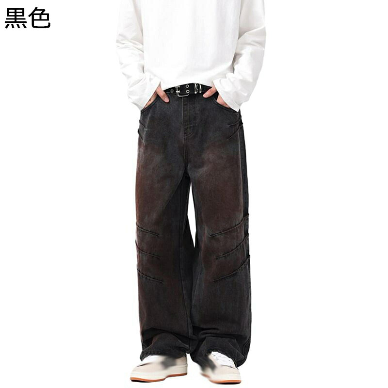 メンズ デニムパンツ ジーンズ ブラウンブラック カーゴパンツ ストレートパンツ ヒップポップ デザイン感 個性的 印象派 原宿 動きやすい 着回しやすい感 男女通用 ポケット 下着 前開きジッパー Gパン カジュアル チノパン