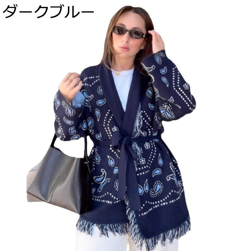 レディース ニットカーディガン タッセル付き レトロ花柄 アウター カーデ セーター V首 ニットジャケット オシャレ 柔らかい トップス 羽織り ゆったり 女性 春 秋 冬