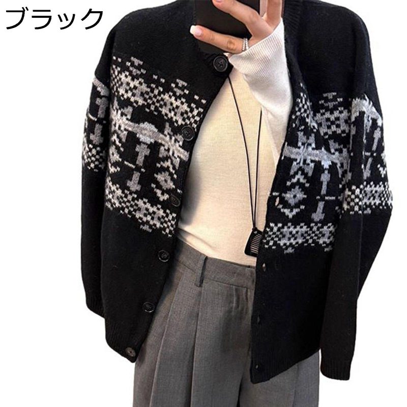 レディース ジレー 編み物 羊毛 アウター フェアアイル柄 鉄道車両デ ティーシャツ 丸首 編み物上衣 保温性 レトロ 花柄 長袖 ゆったり 日月 通い OL お出掛け