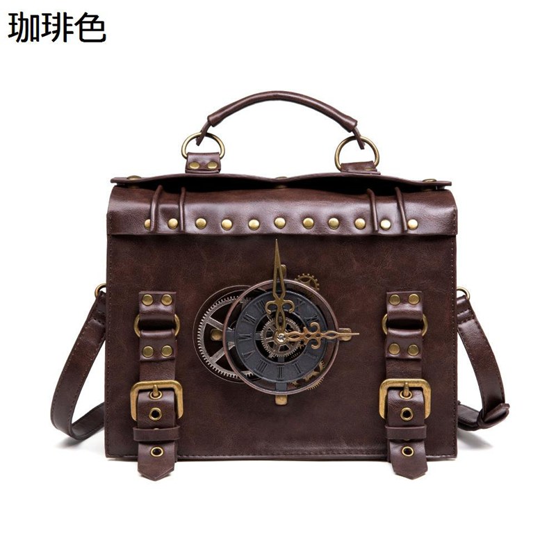 スチームパンク ハンドバッグ ショルダーバッグ PU レザー レディース 肩掛け 立体時計ギアモチーフ 金属リベット ベルト留め レトロスタイル カジュアル 通勤 イベント 個性的 多機能 ブラウン