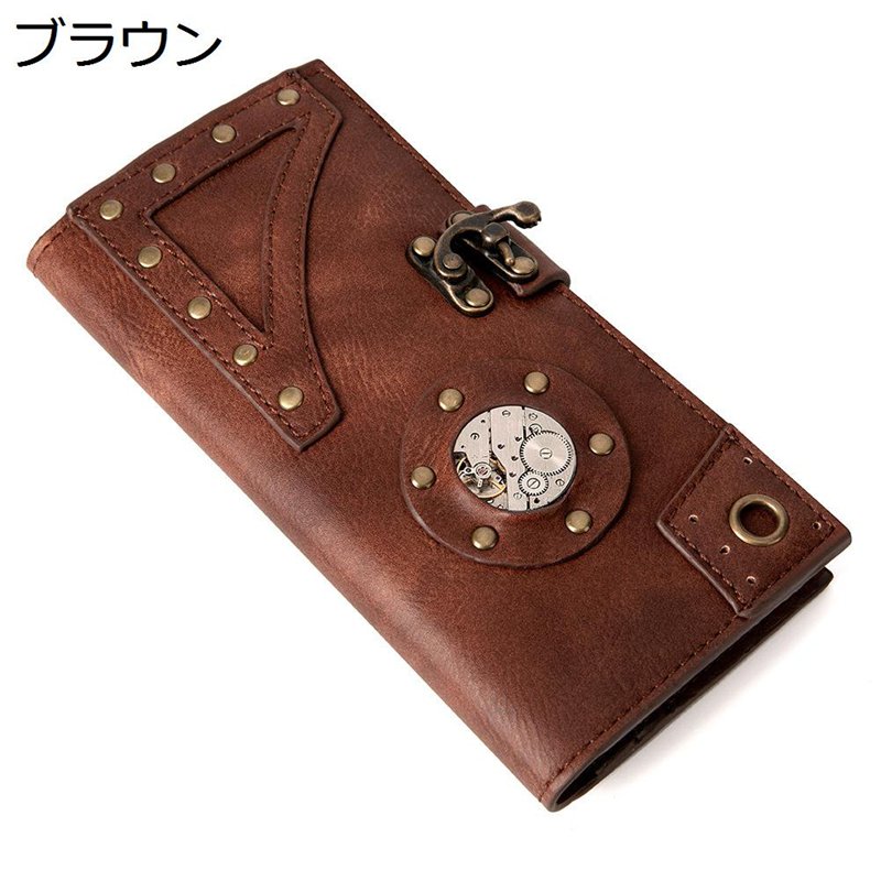 スチームパンク 長財布 PUレザー メンズ レディース 立体ギアモチーフ ウォレット 金属パーツ リベット付き 二つ折り かっこいい レトロスタイル カジュアル 日常使用 個性的デザイン ブラウン