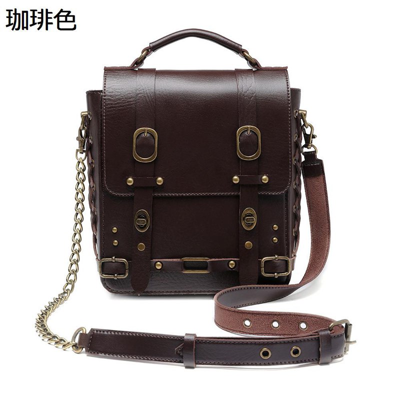 スチームパンク ショルダーバッグ ハンドバッグ PU レザー スタッズ チェーン 肩掛け ゴシック系 ブラウン 立体ギアモチーフ 軽量 多機能 ベルトデザイン アウトドア カジュアル 通勤 パーティー