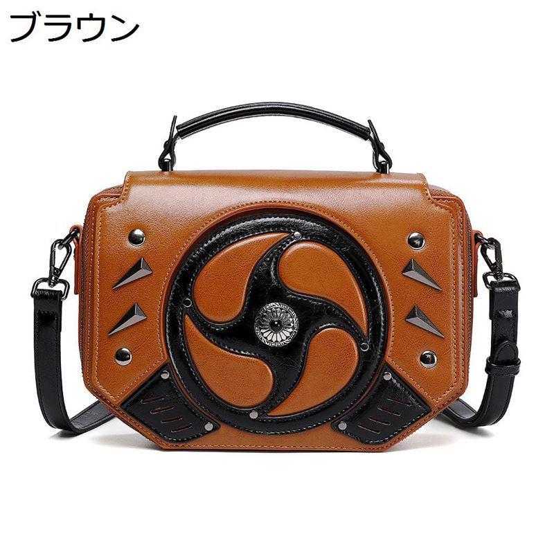 ショルダーバッグ ハンドバッグ PU レザー 立体タービンモチーフ 2way 肩掛け リベット付き クロスボディバッグ カジュアル 日常使用 お出かけ 個性的デザイン 多機能 金属パーツ ブラウン