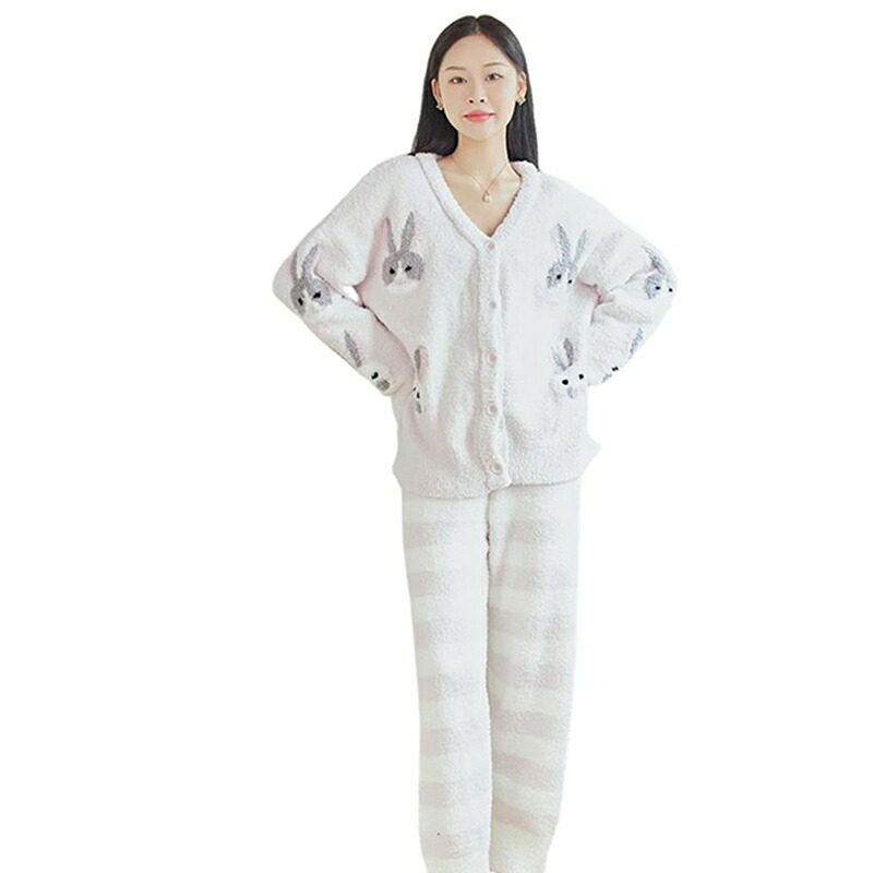 ウサギ柄 パジャマ フリース レディース もこもこ 可愛い カーディガン ふんわり ふわふわ 厚手 ルームウェア 秋冬 寝巻き ナイトウェア 快適 快眠 前開きボタン ゆったり 部屋着 保温 婦人 妊