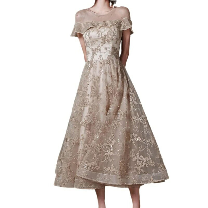 結婚式ドレス パーティードレス レディース オフショルダー 半袖 ゴールド ハイネック キラキラ イブニングドレス ワンピース スパンコール 刺繍 可愛い 春 夏 ミモレ丈 シアー 花嫁 披露宴 二次|magnifico18