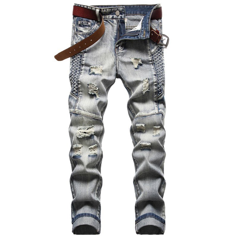 ジーンズパンツ デニムパンツ 細め ストレッチ メンズ レトロ ウォッシュ加工 ボトム ズボン ダメージ 大人 男子 スリム ストリート hiphop系 秋用 春秋 バイク リペア加工 軽量 ファッシ