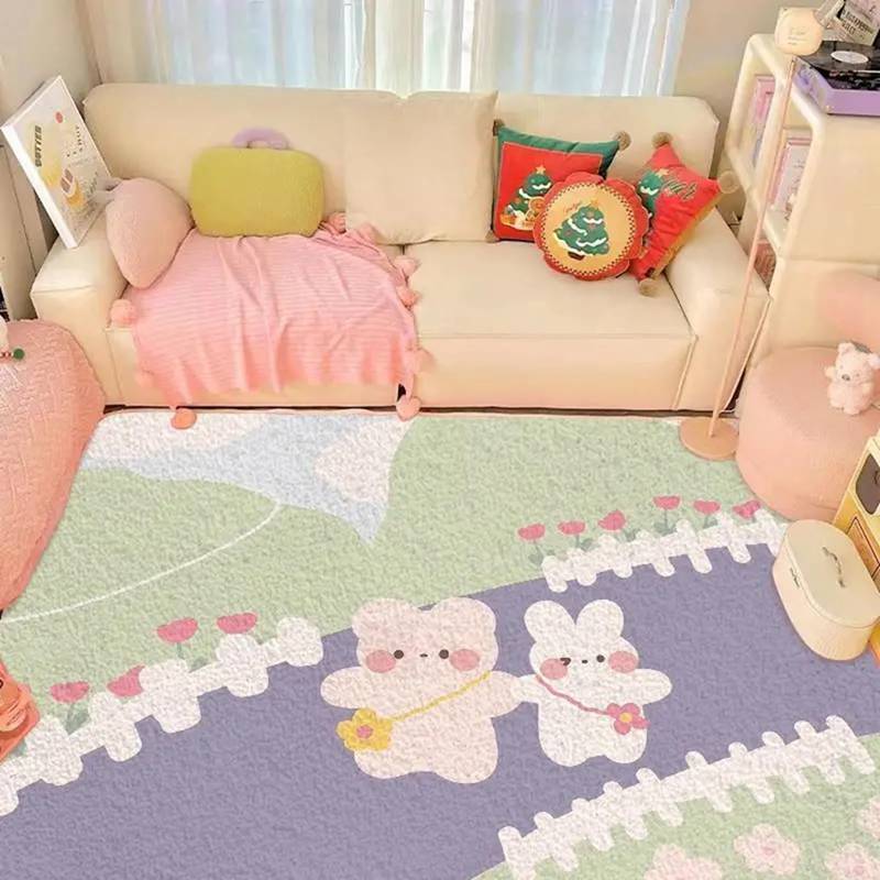 カーペット ラグ 可愛い 兎 熊 ピンク イチゴ 女の子 子供用 足元マット 厚手 大判 低反発 キレイめ 掃除易い 吸水力強い 速乾 ベッドサイド リビングルーム 抗菌・防臭・防ダニ ふわふわ 80