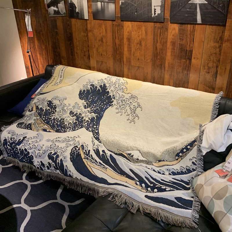 浮世絵 ブランケット ニット 膝掛け 肩掛け ソファーカバー テーブルクロス ベッドカバー 多機能 タッセル 挂毯 和室 和風和柄 毛玉なし 防寒保温 通年使用 多機能 インテリア 部屋飾り 125X