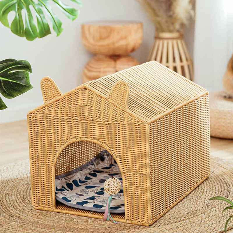 藤編みハウス 猫 犬 ラタン 天然素材 ペット用 夏用 猫爪とぎ 屋根付き ぐっすり 無害 にゃんこ サラサラ 爽やか 良い通気性 猫爪とぎ キャット 手編み 室内 水洗える 寝心地 寝台 四季兼用 6,736円