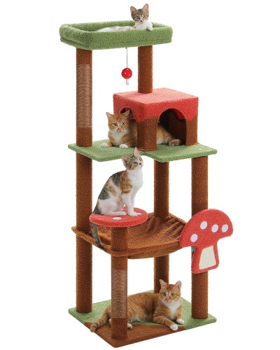 PETEPELA(ぺテぺラ) キャットタワー スリム コンパクト 大型猫 猫タワー 据え置き置き型 省スペース ハンモック 見晴台 人気 ボンボン 天然麻紐 爪とぎ シンプル 運動不足解消 多頭飼い - ブラウン L 高さ143cm